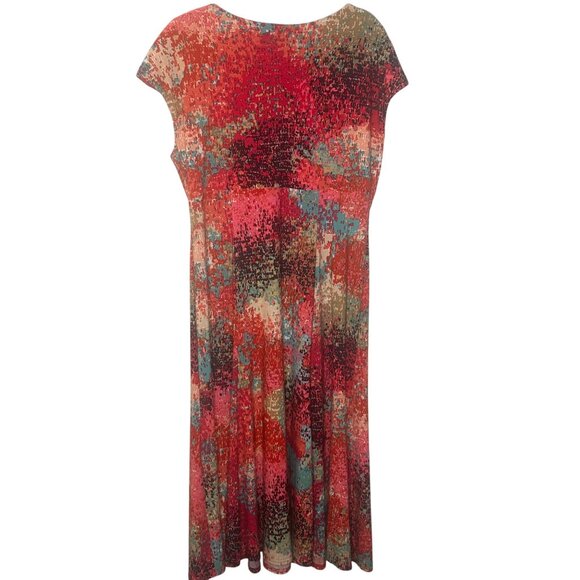 Vibrant Abstract Midi Dress Womens 16 V-Neck Faux Wrap Stretch Office Party - Picture 2 of 10